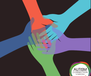 Colorful image of five multicolored hands meeting in a circle. Autism Connection logo in bottom right corner