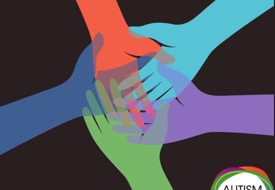 Colorful image of five multicolored hands meeting in a circle. Autism Connection logo in bottom right corner