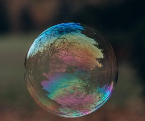 colorful floating bubble with reflections of a landscape trees and water inside