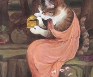 Renaissance style painting of a cat putting something in a jewelry box. The cat is wearing a peach toga sitting sideways and peering into the golden box.