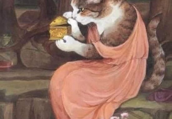Renaissance style painting of a cat putting something in a jewelry box. The cat is wearing a peach toga sitting sideways and peering into the golden box.