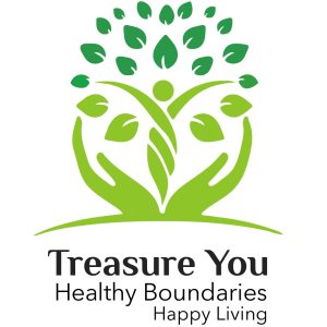 Treasure You logo Cupped hands with a tree growing out of the center that has an image of a person forming the trunk with text Healthy Boundaries Happy Living