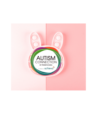 Sensory bunny toy with autism connection logo in the center of the bunny's face