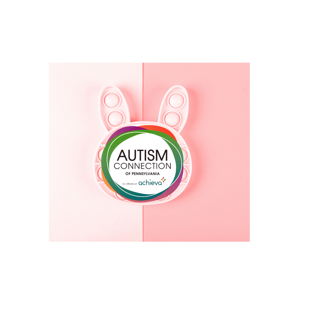 Sensory bunny toy with autism connection logo in the center of the bunny's face