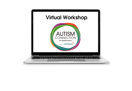 Image of a laptop with Autism Connection logo and text saying Virtual Workshop