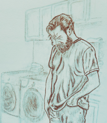 Charcoal drawing of grief stricken man standing next to a washer and dryer
