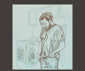 Charcoal drawing of a grief stricken man standing next to a washer and dryer