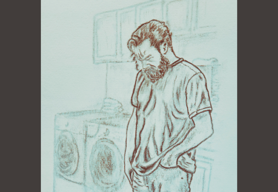 Charcoal drawing of a grief stricken man standing next to a washer and dryer