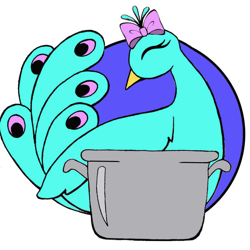 logo with a peacock snuggled next to a cooking pot