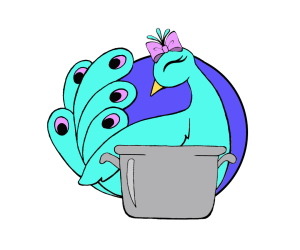 Sophie's Potluck logo peacock with a cooking pot