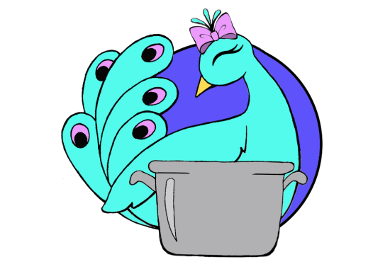 Sophie's Potluck logo peacock with a cooking pot